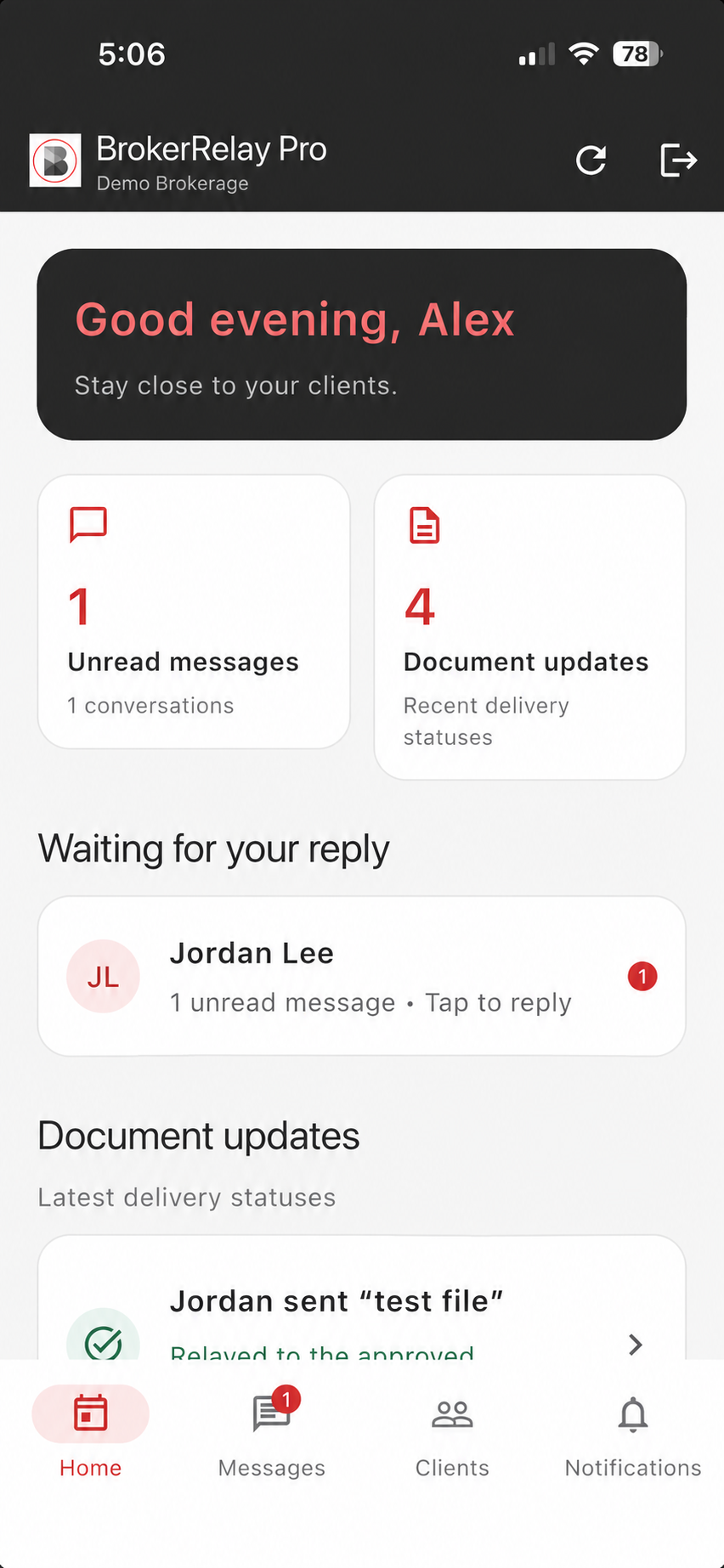 BrokerRelay Pro home showing unread messages, clients awaiting replies and document updates, with sample names